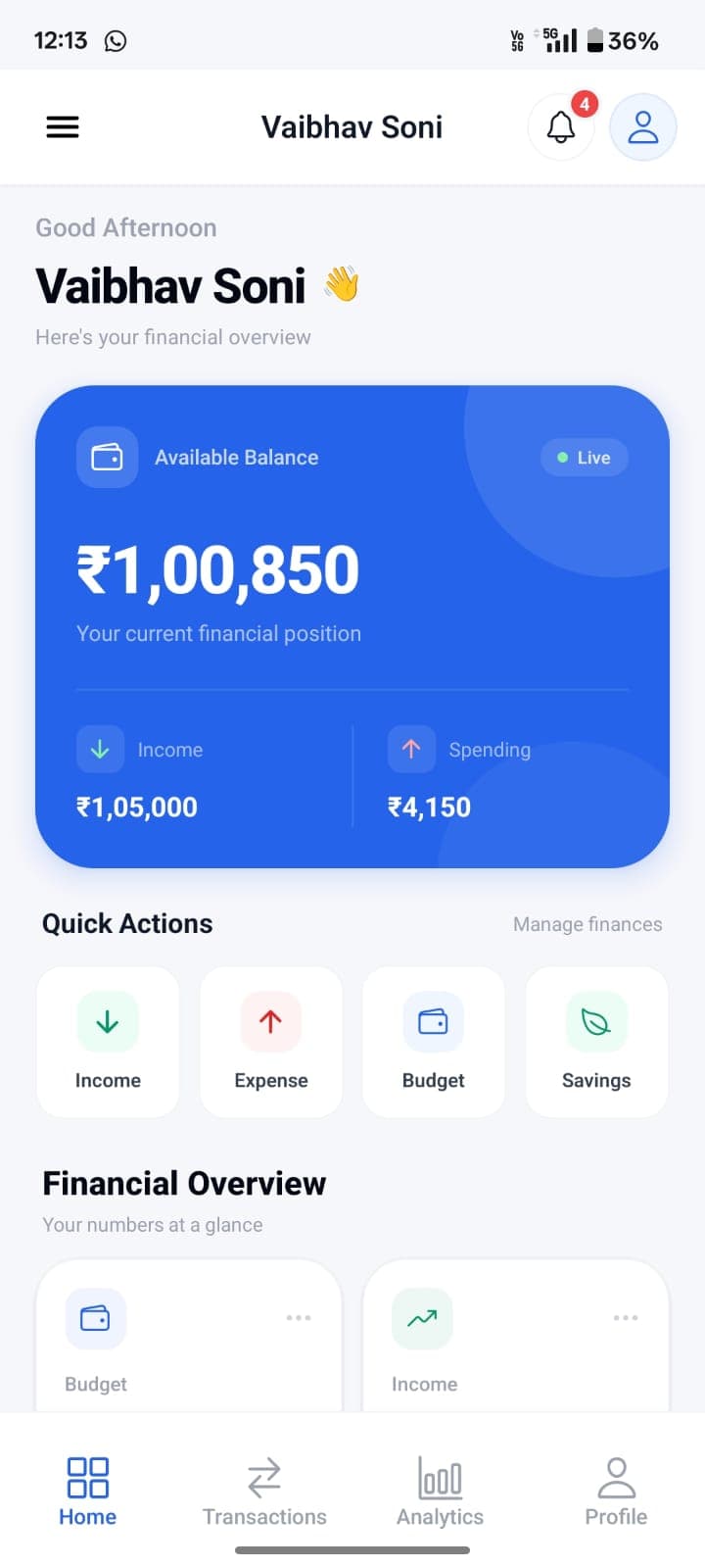 FinTrack app screen 1